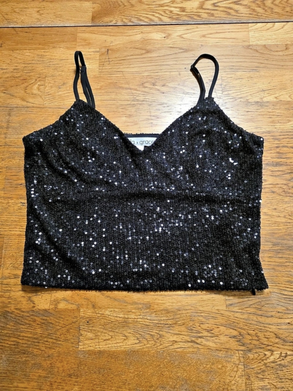 lola & grace Sequin Crop Spaghetti Strap Party Disco Shimmer Black Top NWT